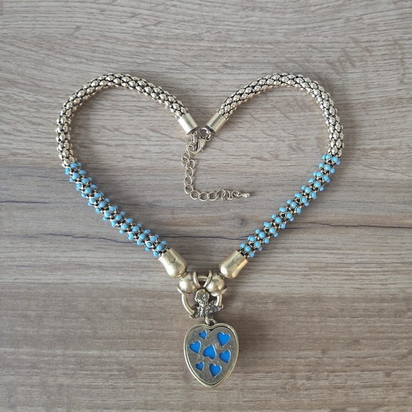 Vintage Gold & Turquoise Enamel Heart Pendant Necklace | Crystal Cross Medallion - Picture 8 of 9